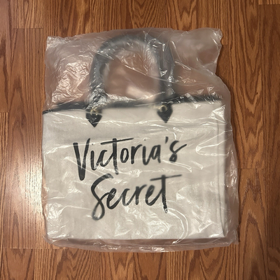 #ad Victoria#x27;s Secret Large White Logo Tote Bag Black Handles Zip w Pouch $45.00