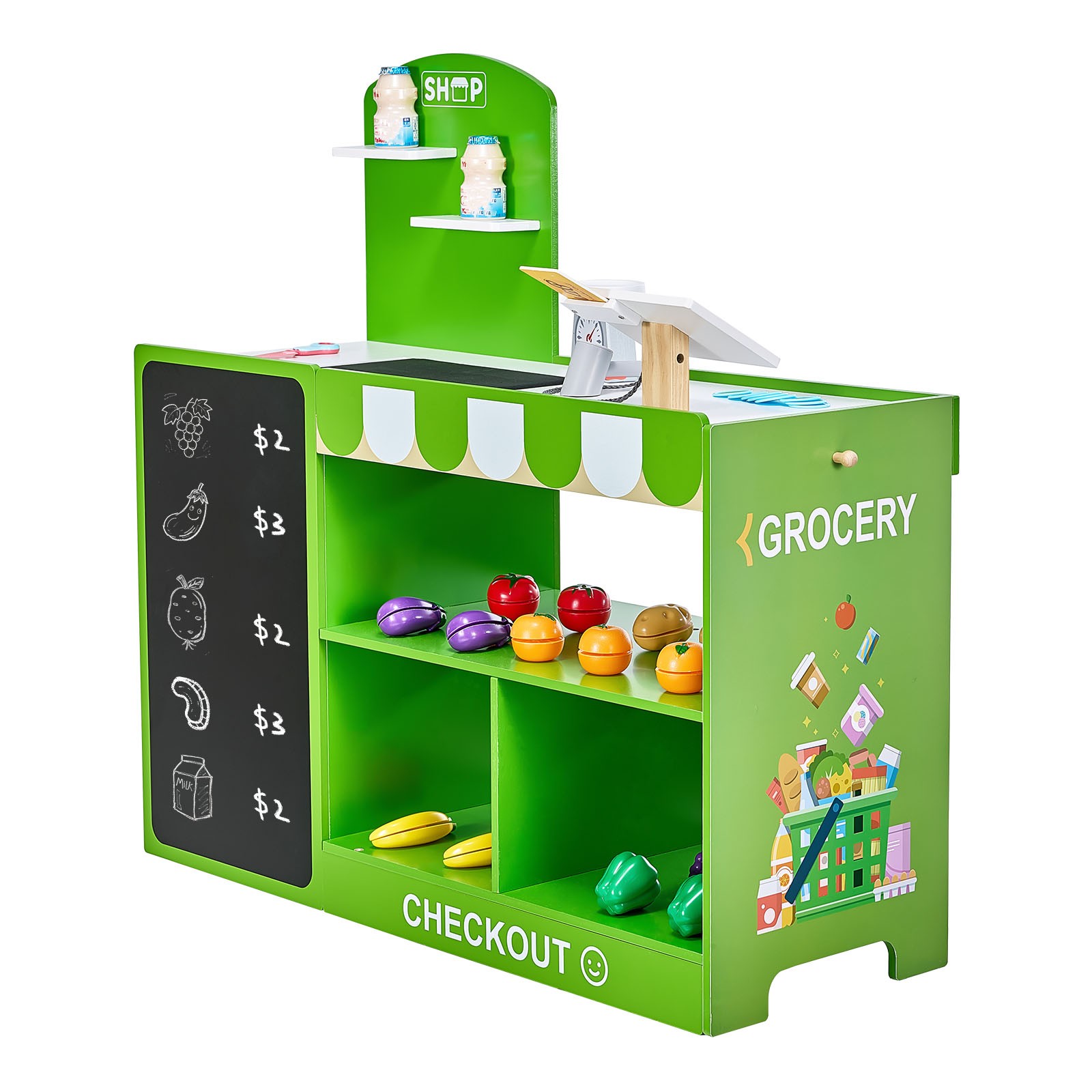 как выглядит VEVOR Kids Grocery Store Playset Wooden Play Market Stand with Cash Register фото