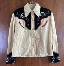 Vintage 1960s Kids Western Embroidered Pearl Snap Shirt Cream Black Floral Youth