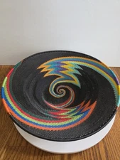 Zulu African Telephone Wire Basket Black Swirl 12" Handmade Multicolor 3" Tall