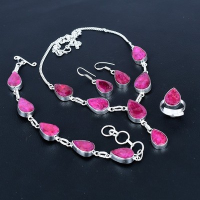 Kashmir Red Ruby Pear Gemstone Handmade 925 Sterling Silver Jewelry Set VJ 918