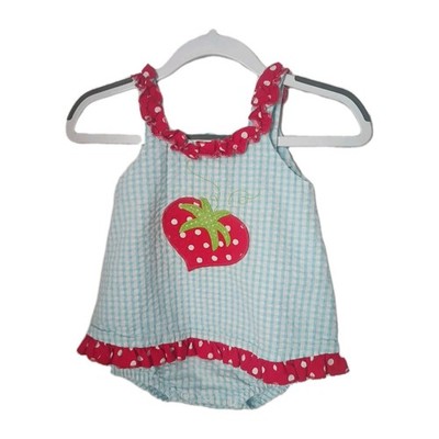 The Bailey boys Adorable STRAWBERRY Blue Checkered Romper Dress Size 9 Months