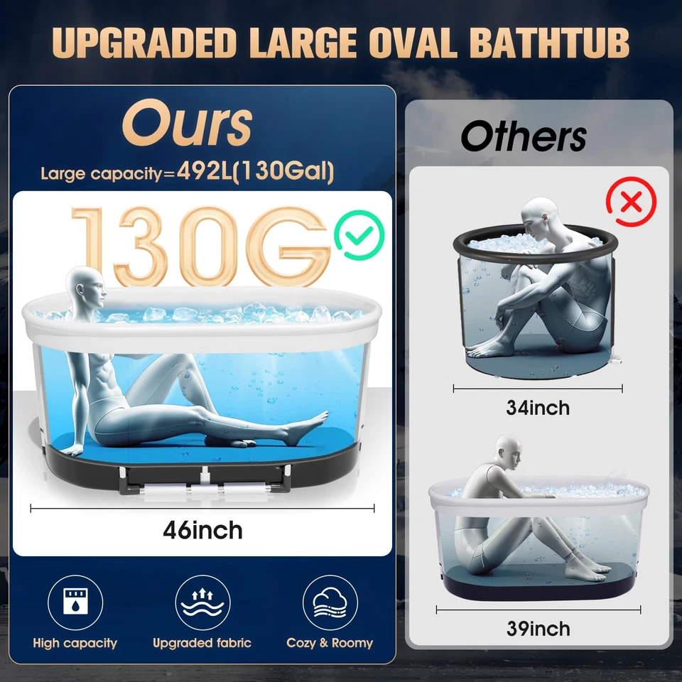 XL 130 galones bañera de hielo para inmersión en frío, 2025 grandes bañeras de hielo ovaladas para atletas... Foto 3 de 4