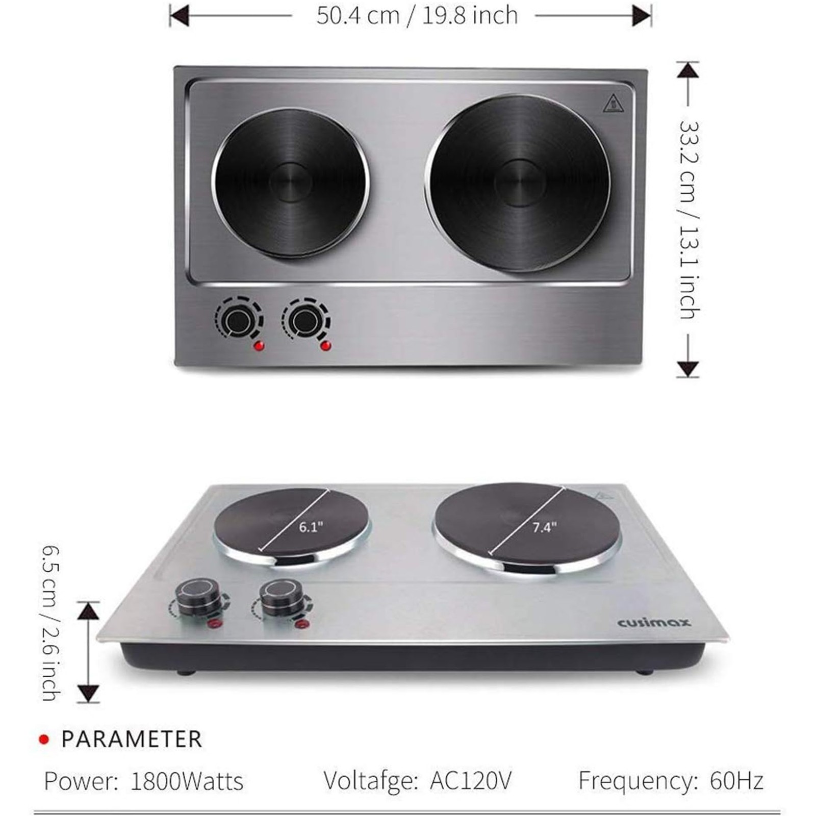 CUSIMAX 1800W Double Hot Plate, Stainless Steel Silver Countertop Burner Port...