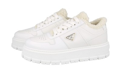 PRADA Downtown SHEARLING FUR Platform Sneakers - 1E947M - White - NEW