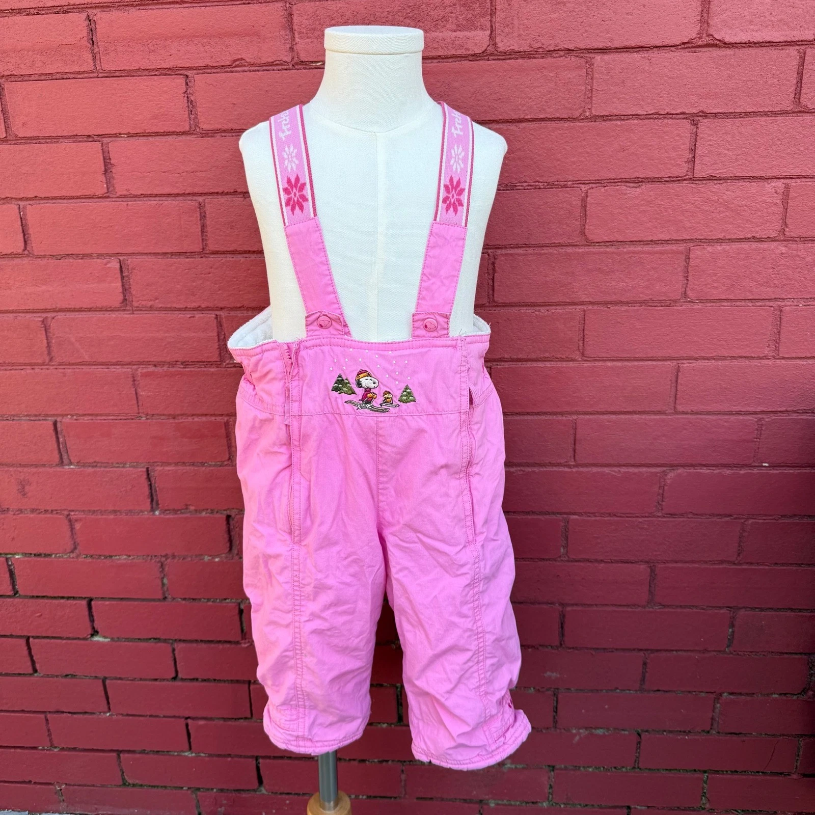 H & M Snoopy Pink Ski Snow Bib Overalls Embroidered Winter Pants 9-12 Months