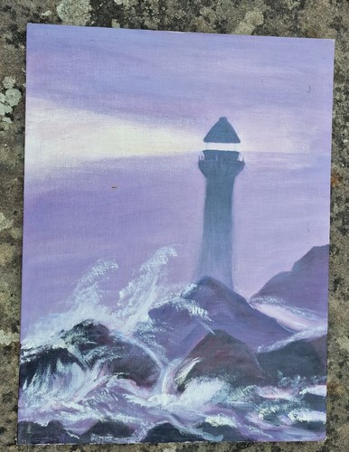 Vintage 1970s Jo Crayston Original Oil Painting Lighthouse in a Storm, Seascape