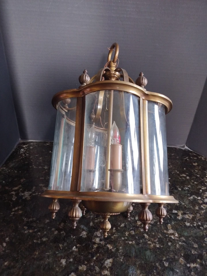 Потолочный светильник лампа латунь 3 лампы изогнутое стекло 6 сторон причудливое цепное фойе 14 дюймов - Изображение 3 из 4