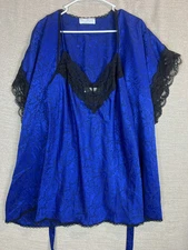 Vintage Val Mode Size L Royal Blue & Black Lace Robe & Chemise Lingerie Set