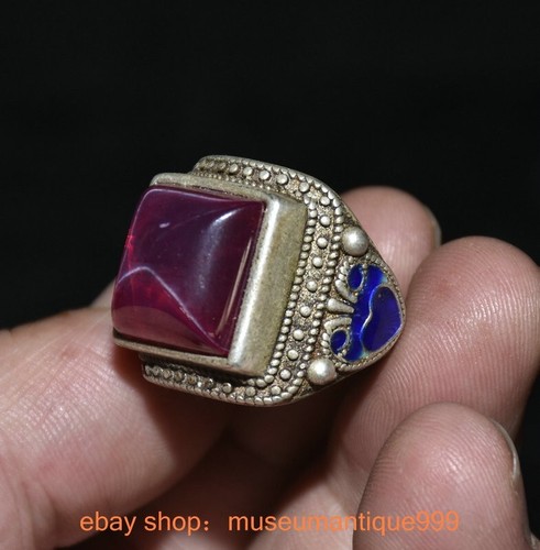 1.2" Old Chinese Silver Cloisonne inlay purple gem Benevolence jewelry Ring - Picture 3 of 6