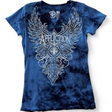 Women's Affliction Lorielle V-Neck Rhinestone Blue Angel Wings T-Shirt Top S-XXL