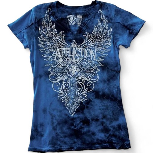 Women's Affliction Lorielle V-Neck Rhinestone Blue Angel Wings T-Shirt ...