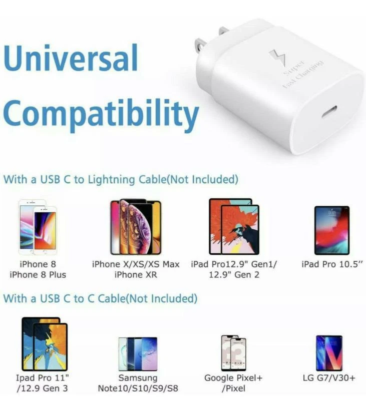 10Pc 25W Type USB-C Super Fast Wall Charger For Samsung Galaxy S20 S21 Note 20 - Image 2 of 2