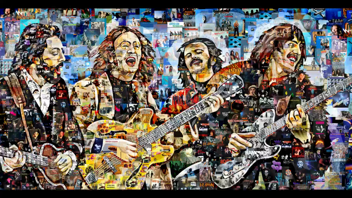 Art Collage Print Rolling Stones Logo Made Out Of 60-70-s Rock