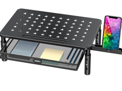  Monitor Stand Riser with Metal Mesh Drawer, Height Adjustable with Phone 