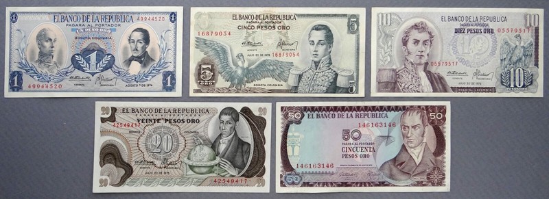 Columbian Bank Notes - 1, 5, 10, 20 and 50 Pesos - 1973-1976