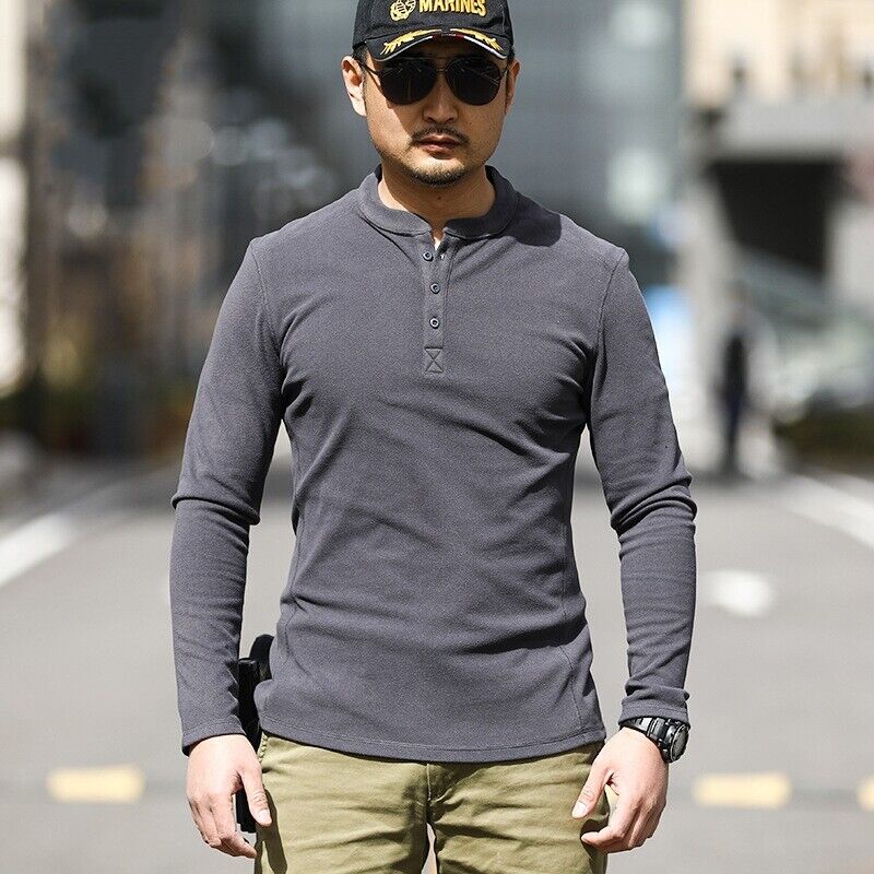 Suradam camouflage blad Men&#039;s Long Sleeve Shirt Henley Collar Outdoor Tactical Military Combat  Shirts | eBay