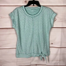T By Talbots Top Womens PS Green White Stripe T-Shirt Tie Waist Short Sleeve