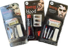 Lot 3 Couples Vampire Vampiress Makeup Kit 2 Fangs Blood 3 Cap Halloween Costume