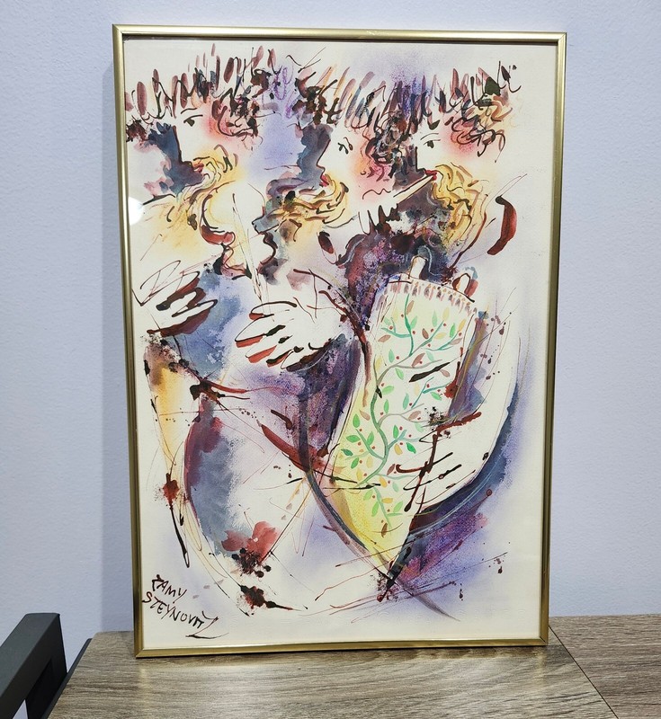 Original ZAMY STEYNOVITZ Signed Watercolor Painting Torrah Rabbis Playing Music 