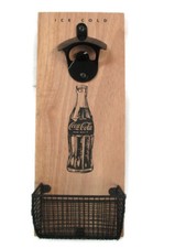 Coca-Cola Wooden Bottle Opener and Cap Catcher Wall-Mount Natural Wood BRAND NEW