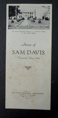 Home of SAM DAVIS, Tennessee Boy Hero Brochure, Smyrna, TN, Confederate Scout