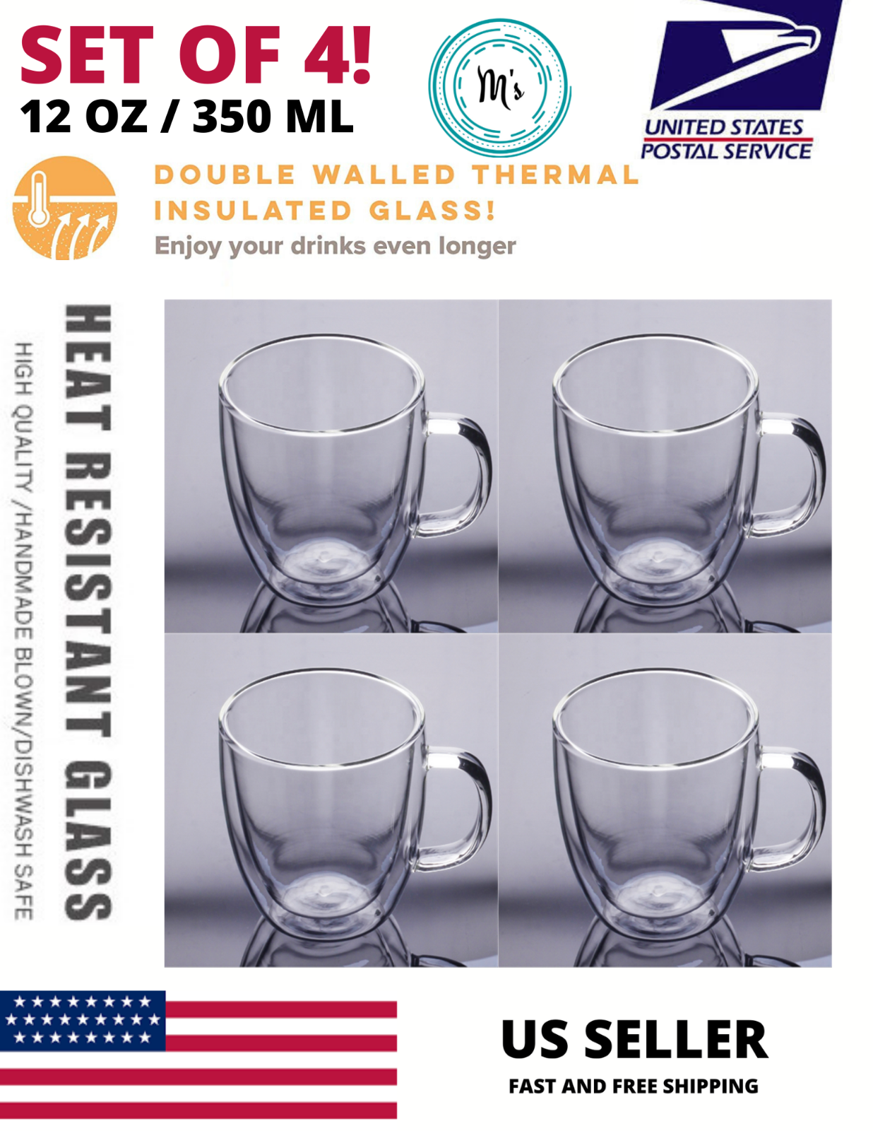 Set of 4 Best Double Wall Coffee Glass Cup Mug Tea Espresso Gift 350ml/12oz  H | eBay