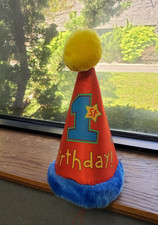 1st Birthday Party Hat Baby Toddler Satin Cone Hat Fuzzy Trim Star Design