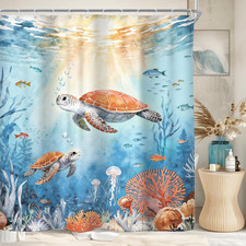 Ocean Sea Turtle Shower Curtain Set Beach Coastal Underwater Bathroom Decor  72