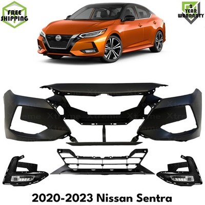 Front Bumper Cover Primed Plastic & Fog Lights Kit For 2020-2023 Nissan Sentra