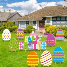 9 Pieces Happy Easter Yard Sign Easter Outdoor Lawn Decorations Colorful Eggs...