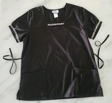 CUTE  SB Scrubs 2-pocket Tie-back Top Black w/Smocking Silver Embroidery MED