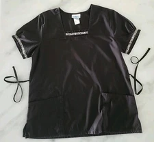 CUTE!! SB Scrubs 2-pocket Tie-back Top Black w/Smocking Silver Embroidery MED