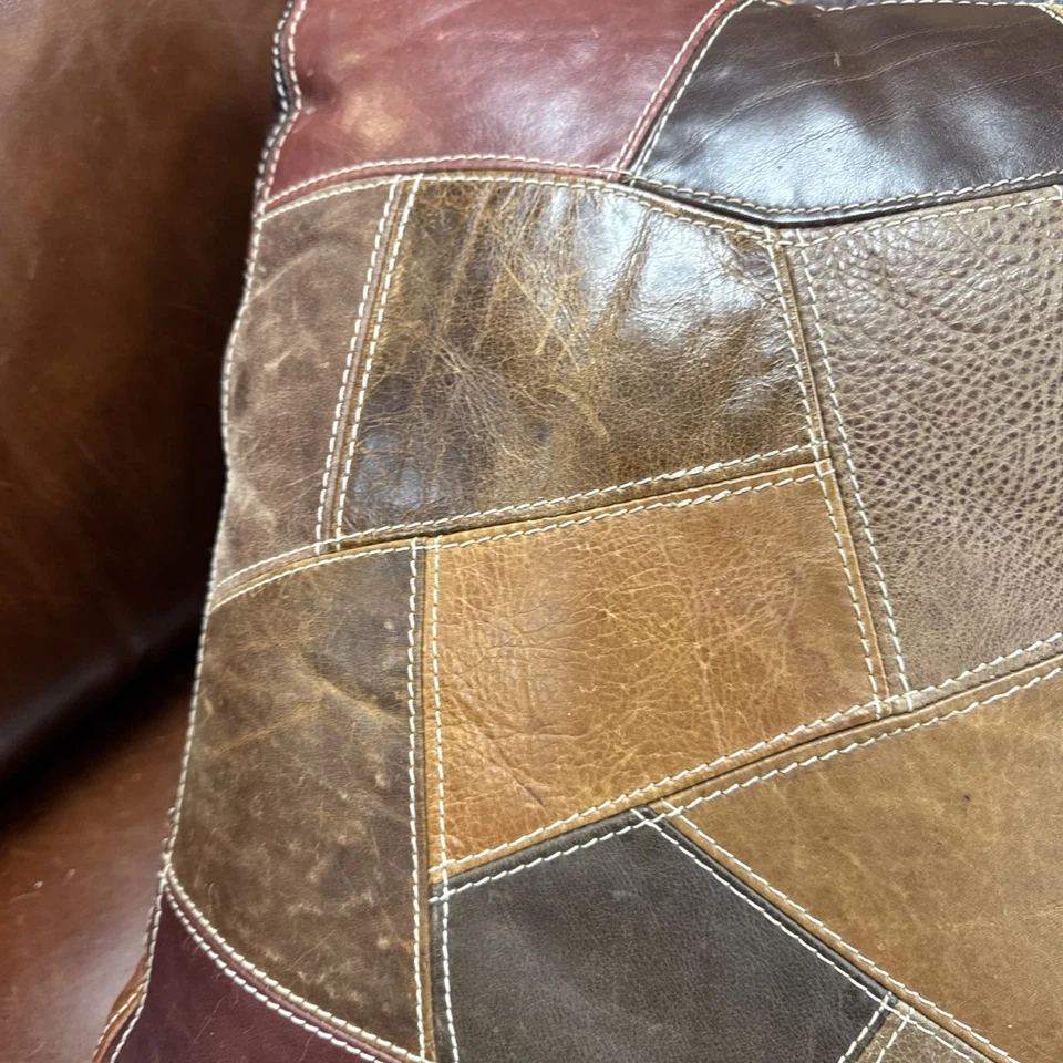 2-Vintage Leather Patchwork Throw Pillow Full Zip Retro 18"X18"  With Inserts - Image 2 of 4