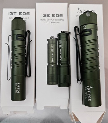 Olight LOT of 3 OD GREEN LED Flashlights, i3E EOS, i3T EOS & i5T EOS - USED