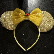 Disney Parks Beauty and the Beast Belle Gold Sequin Minnie Ears Headband Bow