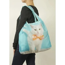 Cat Bowtie Reusable Shopping Bag O-Witz Feline Fluffy Kitty Fold-Up Fashion New*