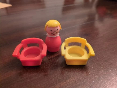 Vintage Fisher Price Little People Young Girl Red Dress & Blond Hair w/ 2 Chairs