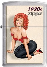 Zippo Windy Vintage Nose Art Red Top Pinup 1980 Era Satin Chrome Lighter NEW