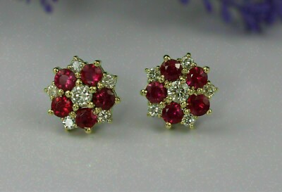 Round Cut Simulated Red Ruby Pretty Flower Stud Earring 14k Yellow Gold Plated