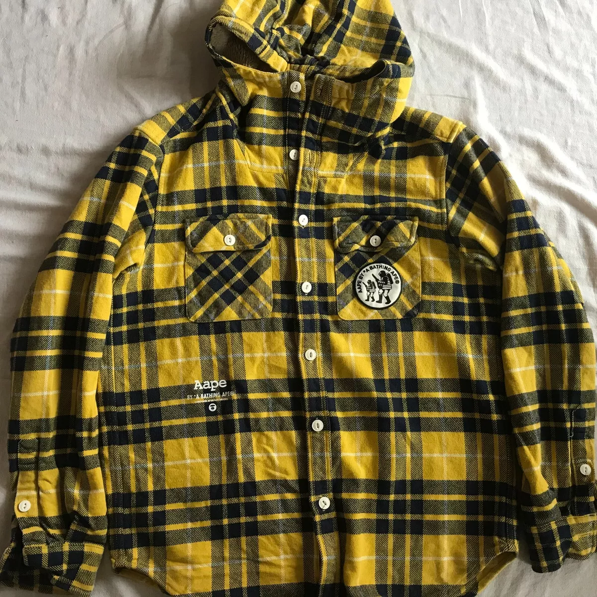 BATHING APE BAPE MEN'S FLANNEL HOODIE PLAID SHIRT LARGE SIZE
