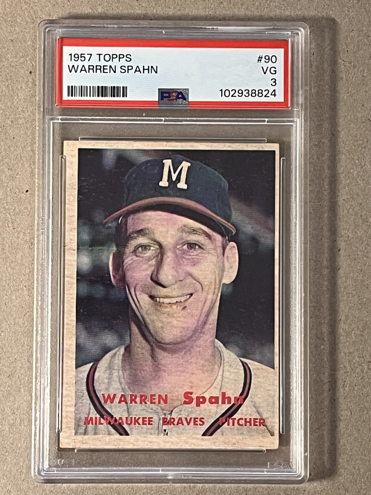 1957 Topps #90 Warren Spahn Milwaukee Braves, Cy Young Award, HOF PSA 3 VG