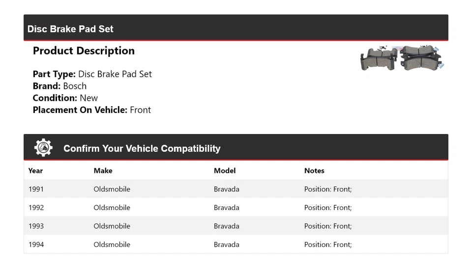 For 1991-1994 Oldsmobile Bravada Bosch QuietCast Ceramic Brake Pads Front 1992 - Image 2 of 4