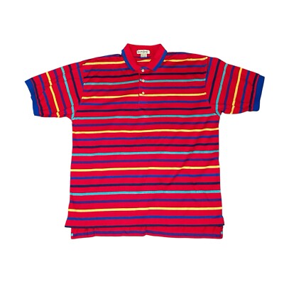 Men s XL Vintage Steeple Chase Red Striped Polo Shirt Colorful 80 s 90 s Classic