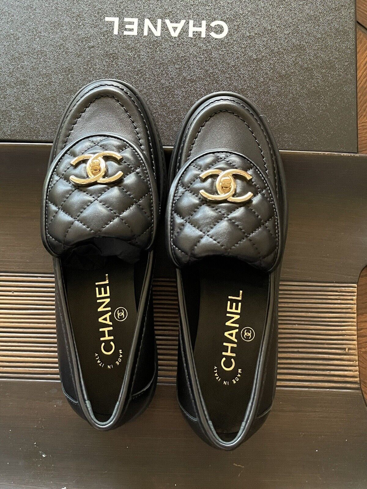 size 38.5EU NIB CHANEL Black Quilted Flap Turnlock Gold CC Logo Loafer  Receipt