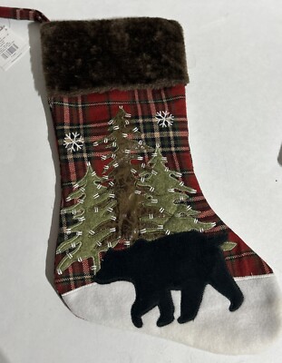 Christmas Stocking Red Plaid Black Bear Tree Faux Wool Fur 18'' Hobby Lobby NEW