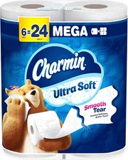 24 Family Mega Rolls Charmin Ultra Soft Cushiony Touch Toilet Paper, 123 Regular