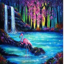 Waterfall Flamingo Diamond Painting Art Kit, 5D, Full Drill, Round 60 50
