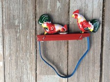 Pecking Feeding Chicken Roosters vtg. Litho Hand Pressure Mechanical Toy