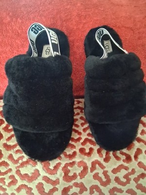 UGG Fluff Yeah Slide Black Slingback Shoes Slippers Kids Youth Size 5Y = Women 7